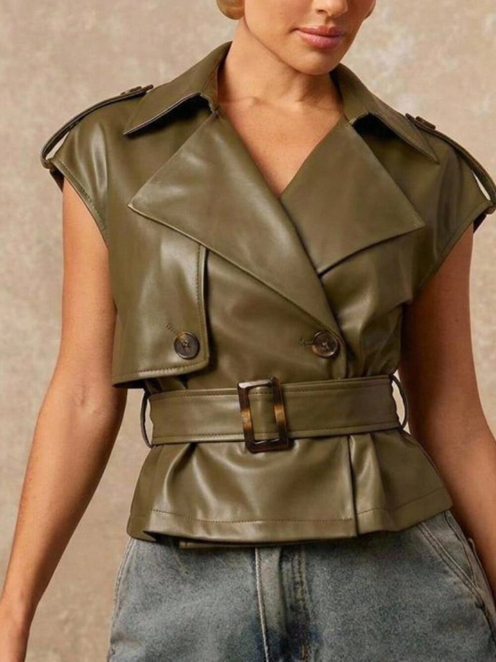 Green Casual Women's Double-Breasted Lapel Short Trench Coat Vest Jacket